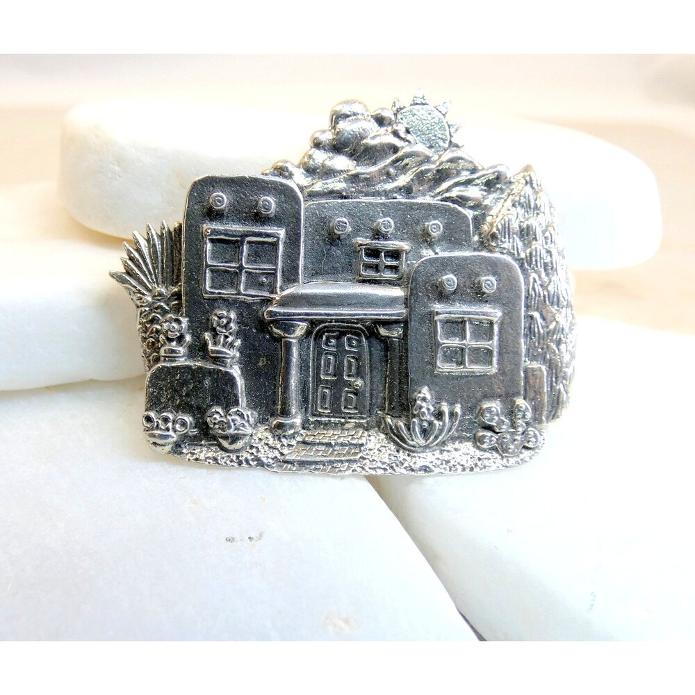 Vintage Artisan Sterling Silver Adobe Brooch Signed 13.4gm 3-D - Picture 3 of 5